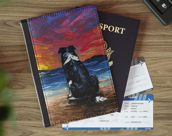 Passport Cover - Beach Days Border Collie Dog Faux Leather Travel Passport and Cards Holder RFID Blocking Wallet Art by Aja