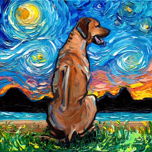 Rhodesian Ridgeback Starry Night Dog Art CANVAS print by Aja choose size colorful home decor cute pup pet animal wall art