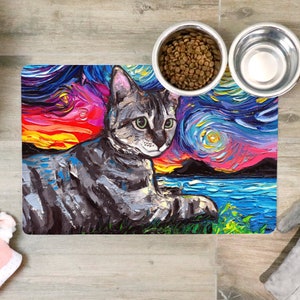 Pet Mat  Tabby Cat on the Water Starry Night Cat Feeding Mat NonSlip Rubber 12x18 inches Art by Aja Printed in the USA Free Shipping