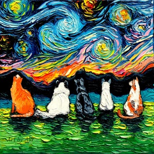 Starry Cats Canvas Print, Colorful Feline Art, Van Gogh Style Wall Decor