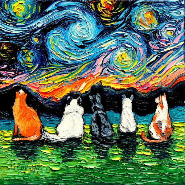 Starry Cats Canvas Print, Colorful Feline Art, Van Gogh Style Wall Decor