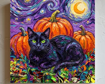 Black Cat Art Print Starry Night Fall Home Decor Paper or Canvas