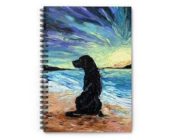 Spiral Notebook - Ruled Line Beach Days - Black Labrador Dog 8x6x.6 inch Journal Stationary Art by Aja Free US Shipping Ocean Sunset
