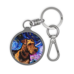 Keyring Tag - Airedale Terrier Portrait Starry Night Dog Key Chain Keychain School Bag Charm Art by Aja