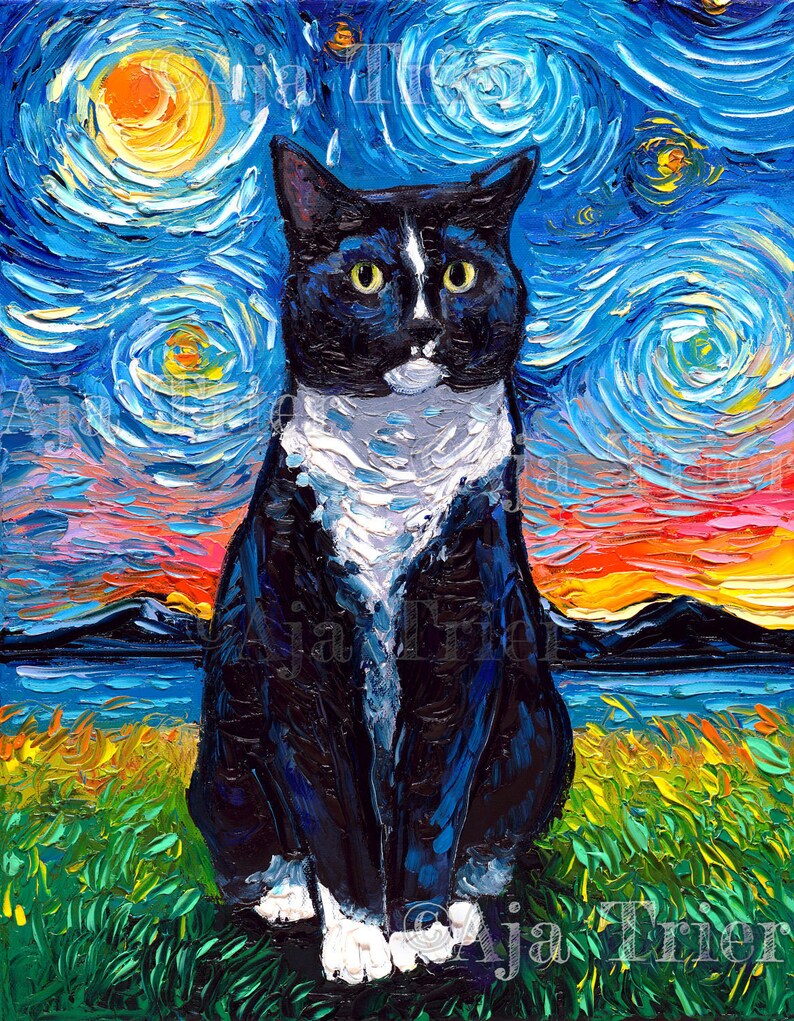 Tuxedo Cat Art Starry Night Print by Aja Choose Size Photo Etsy