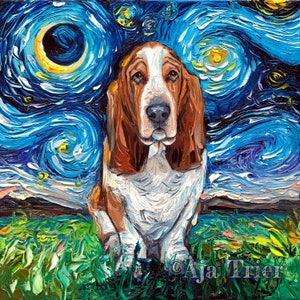 Basset Hound Art Starry Night Art Print dog art by Aja choose size and type of paper pet owner pup artwork