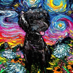 Black Poodle Night 3 - Starry Night Dog and flowers print by Aja choose size and type of paper Photo Paper or Watercolor Paper home decor