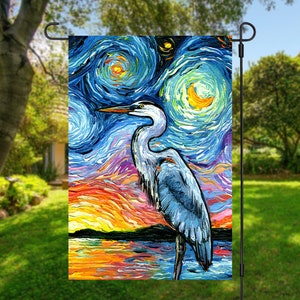 Great Blue Heron Outdoor Flag Double Sided Starry Night Garden Sign Lawn Decoration House Flag Decorative Decor Bird Sign