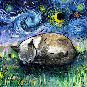 May include: A painting in the style of Van Gogh's Starry Night, featuring a sleeping cat curled up in a field of green grass. The sky is a swirling blue with yellow stars and a crescent moon.