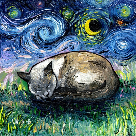 Siamese Cat Art Print: Starry Night, Home Decor