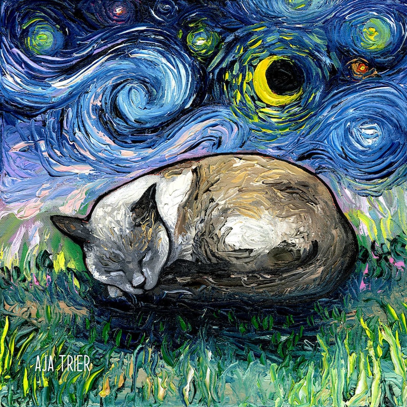 May include: A painting in the style of Van Gogh's Starry Night, featuring a sleeping cat curled up in a field of green grass. The sky is a swirling blue with yellow stars and a crescent moon.