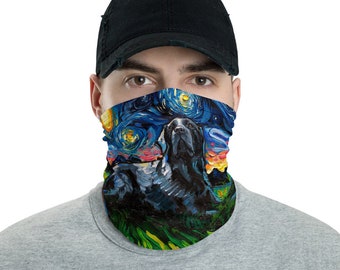 Laying Black Labrador Dog Starry Night Art Face Mask, Face Shield Washable Reusable Mask Neck Gaiter Artwork by Aja