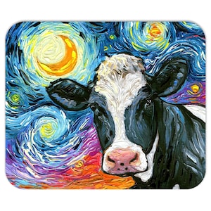 May include: A black and white cow with a pink nose is painted in the style of Vincent van Gogh's Starry Night. The background is a swirling blue and yellow sky with stars and a crescent moon.