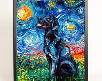 Ready to hang Art Black Labrador Dog Black Frame CANVAS print Starry Night art by Aja home decor 8x10, 11x14, 16x20, 20x24, 24x30, 30x38