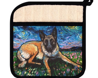Pot Holder with Pocket - Belgian Malinois Starry Night Dog Kitchen Hot Pad Potholder Cooking Kitchen Accessories Colorful Art by Aja