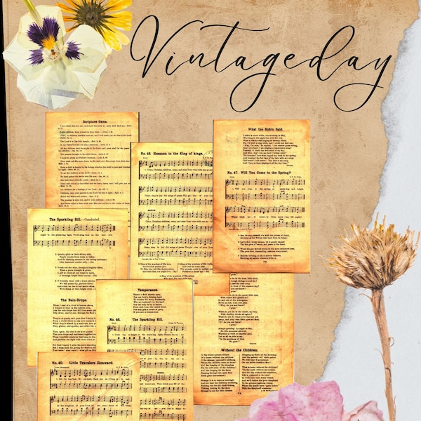 Druckbare 7 Seiten gegerbte digitale Vintage HymnsText 8 x 5,25 Antique Junk Journal, religiöse Ephemera, Collage, Fussy Cut Printable Craft