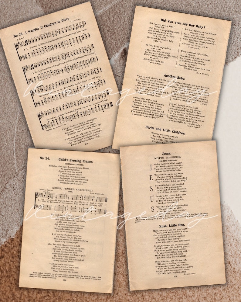 Printable 9 pages of Digital Vintage HymnsText 8 x 5.25 page Antique Junk Journal,Religious Ephemera,Collage, Fussy Cut, Printable Craft image 4