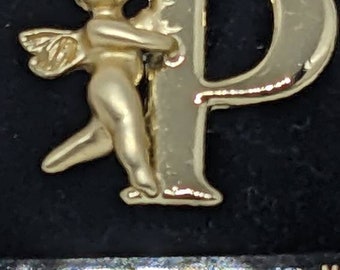 Vintage oldstock Goldtone heavenly angel  guardian angel plated  P initial pin