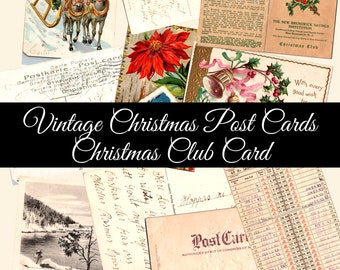 Postales navideñas vintage, parte delantera trasera, tarjeta de ahorro del club de Navidad, escritura a mano, efímera, collage, corte quisquilloso, artesanía imprimible