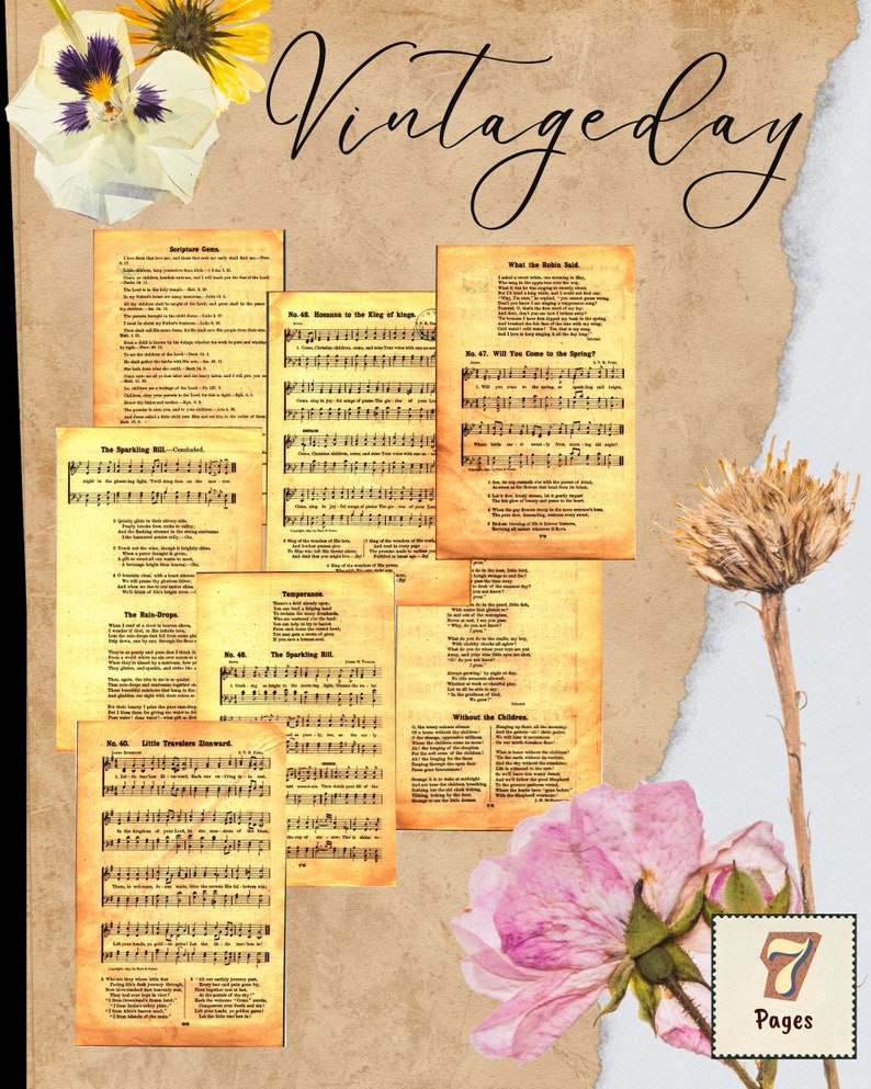 Printable 7 pages of Tanned Digital Vintage HymnsText 8 x 5.25 Antique Junk Journal,Religious Ephemera,Collage, Fussy Cut Printable Craft image 1