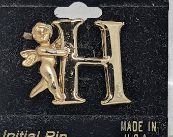 Vintage oldstock Goldtone heavenly angel  guardian angel plated  H initial pin