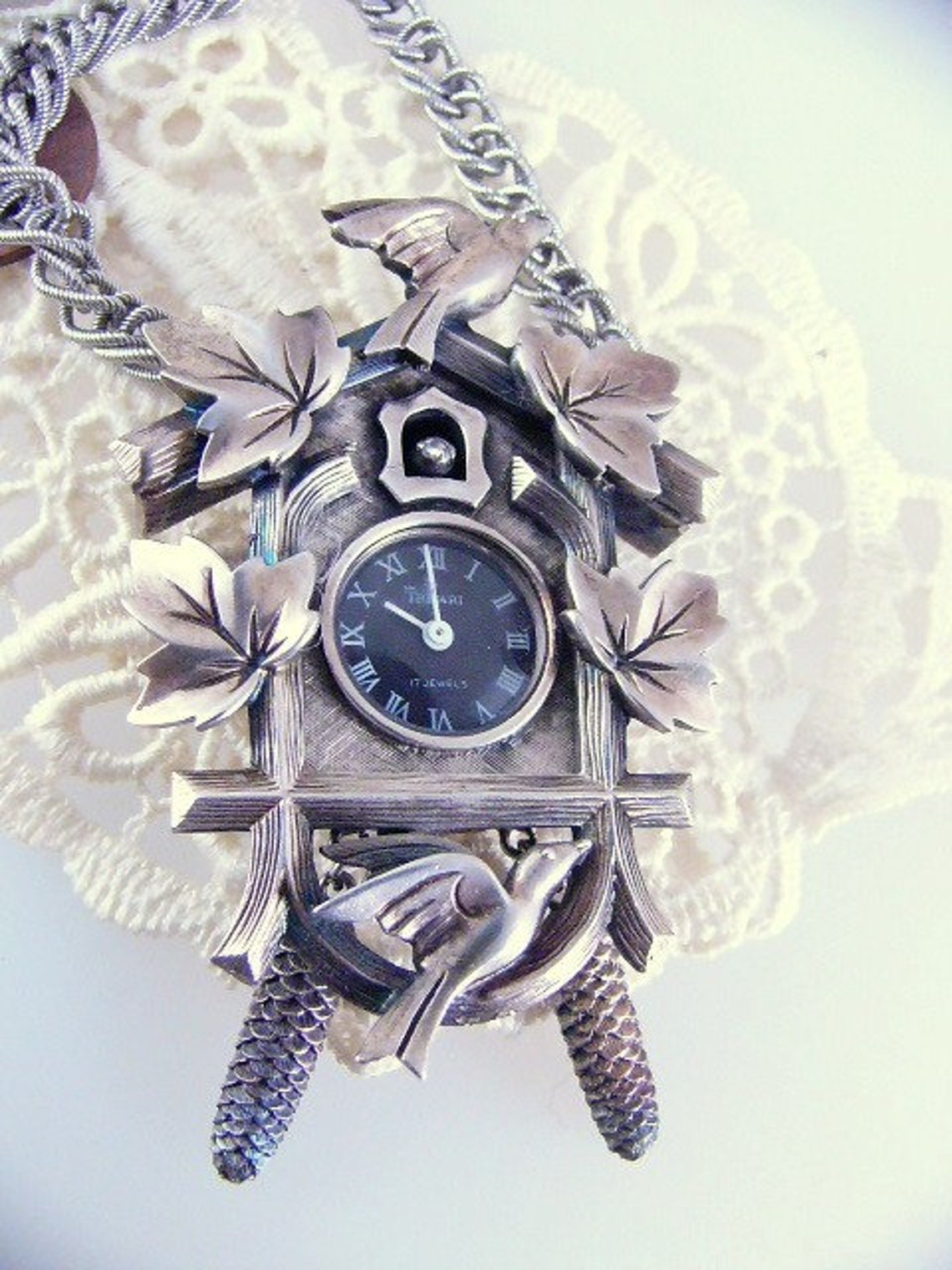 Trifari Silvertone Coo Coo Cuckoo Clock Necklace Vintage Fun Etsy