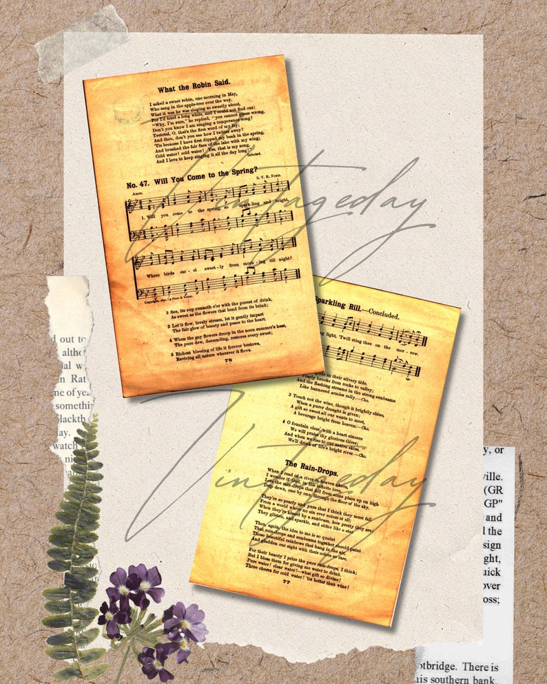 Printable 7 pages of Tanned Digital Vintage HymnsText 8 x 5.25 Antique Junk Journal,Religious Ephemera,Collage, Fussy Cut Printable Craft image 5