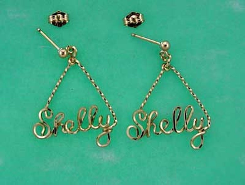 Personalized Triangle Name Earrings in Gold or Sterling Silver Wire Script image 3