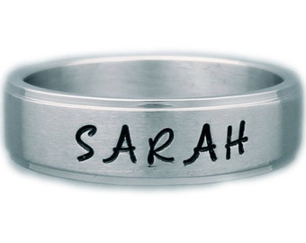 Stainless Steel Ring with any Name or Phrase up to 18 Letters - Sizes 4 to 15