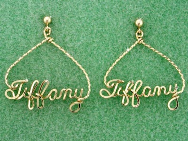 Personalized Triangle Name Earrings in Gold or Sterling Silver Wire Script image 1