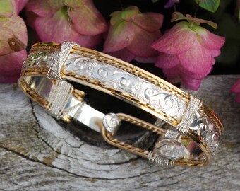 Beautiful Hand Crafted Western Floral Bracelet, Silver & Gold, Rose Gold, Sterling, Western Wedding, Cowgirl Bracelet, Wire Wrap, Sizeable