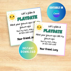 Bearbeitbare Playdate-Karten für Kinder, Keep in Touch-Karten, Schulende, Sommer-Playdate-Karten