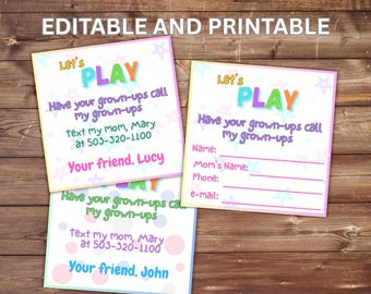 Tarjetas de juego editables para niños, tarjetas de presentación para niños, tarjetas para mantenerse en contacto, tarjetas de fin de curso, tarjetas de juego de verano, tarjetas de juego de fin de curso