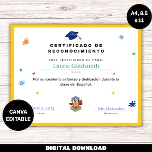 Editable Spanish Class Certificate, Certificate of Completion in Spanish, Spanish Certificate, Spanish Class Resources