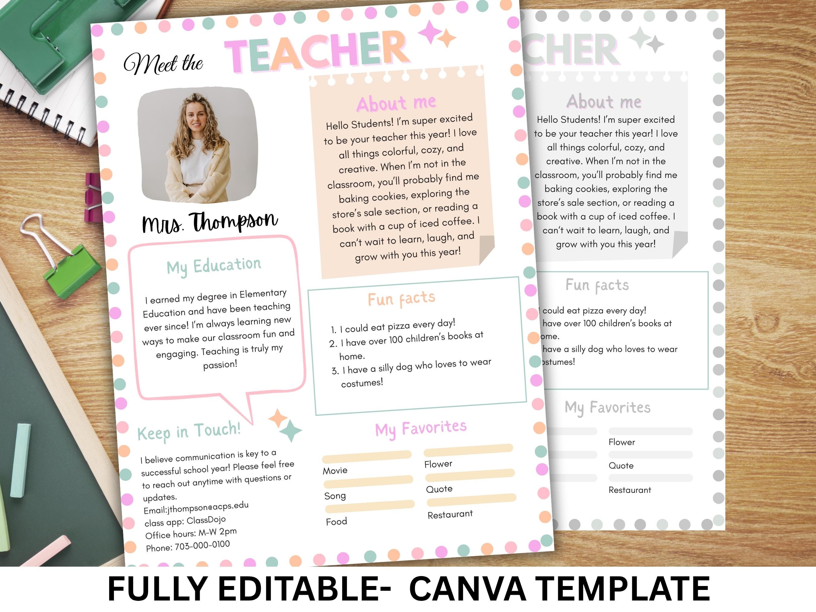 Editable Meet the Teacher Canva Template, Teacher Introduction, Bright ...