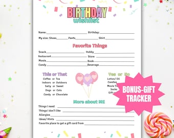 Printable Birthday Wishlist, Present List, Birthday list, Birthday Questionnaire, Birthday Present Wishlist, Birthday Survey