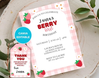 Berry First Birthday Invitation, Berry First Birthday Invite Template, Invite Berry First Birthday, Berry First Birthday Invitation Gingham