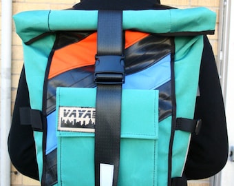 Aqua Orange Blossom - Pannier/Backpack Hybrid with Recycled Bike Tubes