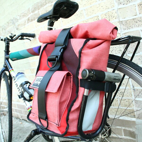 Strawberry Pink Pannier/Backpack Hybrid Bag w/ 3 Colorful Diagonal Stripes