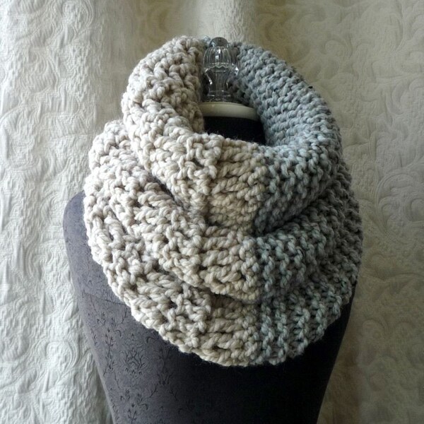 Double Down Cowl. Couture. Hand Knit Crochet. Grey and Linen. SHIPS IMMEDIATELY.