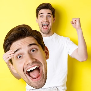 Éventails personnalisés grand grand visage avec manche en bois, Têtes de mariage, EVJF de marié, Tête de remise des diplômes, Éventails de tête d'anniversaire, Tête sur bâton
