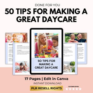 Daycare Ebook Guide: 50 Tips, Childcare Plan, Editable Canva Template (PLR Resell Rights)