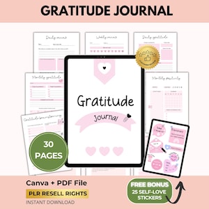 Modèle d'exercices d'écriture de journal de gratitude avec droits de revente DPP, instructions pour le cahier d'exercices, affirmation positive, Canva + PDF