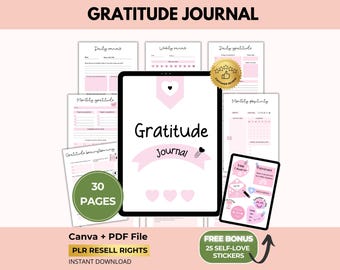 Diario de gratitud con derechos de reventa PLR, ejercicios prácticos, afirmaciones positivas, Canva + PDF