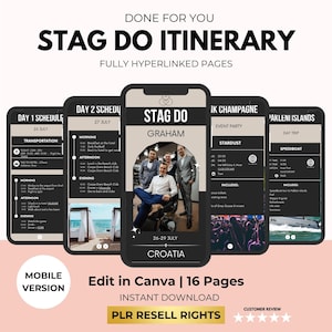Puede incluir: Un diseño gráfico en blanco y negro para un itinerario de despedida de soltero en Croacia. El itinerario incluye transporte, actividades y eventos para un grupo de amigos. El diseño presenta un icono de cabeza de ciervo, las palabras "Stag Do" y el nombre "Graham".