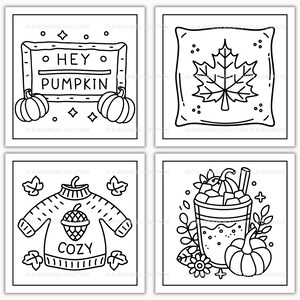 Op de afbeelding: Zwart-wit illustraties van herfstthema's. Bevat een bord met de tekst "HEY PUMPKIN" met pompoenen, een kussen met een esdoornblad, een trui met het woord "COZY" en een pumpkin spice latte.
