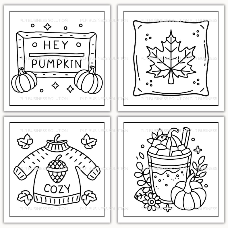 Op de afbeelding: Zwart-wit illustraties van herfstthema's. Bevat een bord met de tekst "HEY PUMPKIN" met pompoenen, een kussen met een esdoornblad, een trui met het woord "COZY" en een pumpkin spice latte.