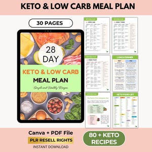 Keto & Low Carb Meal Planner with PLR Resell Rights, Weight Loss, Diet Plan, Low Sugar Recipes, Canva + PDF