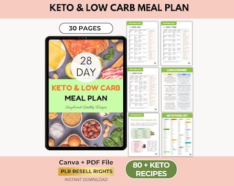 Keto & Low Carb Mahlzeitenplaner mit PLR Wiederverkaufsrechten, Abnehmen, zuckerarme Rezepte, Canva + PDF