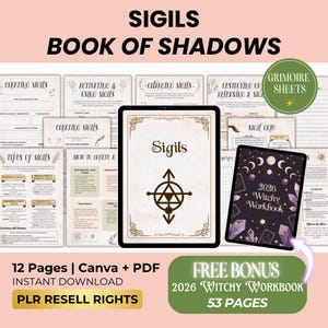 Puede incluir: Una descarga digital con un "Sigils Book of Shadows" y un "2026 Witchy Workbook". La imagen muestra páginas con texto e ilustraciones, incluidas instrucciones sobre la creación y el uso de sigilos. También incluye el texto "12 Pages | Canva + PDF Instant Download PLR Resell Rights."